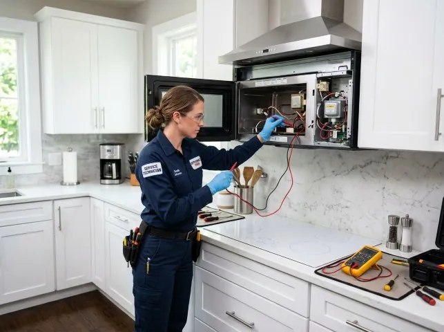 Appliance Repair Hero technician testing an over-the-range microwave in a Belmont, NH kitchen